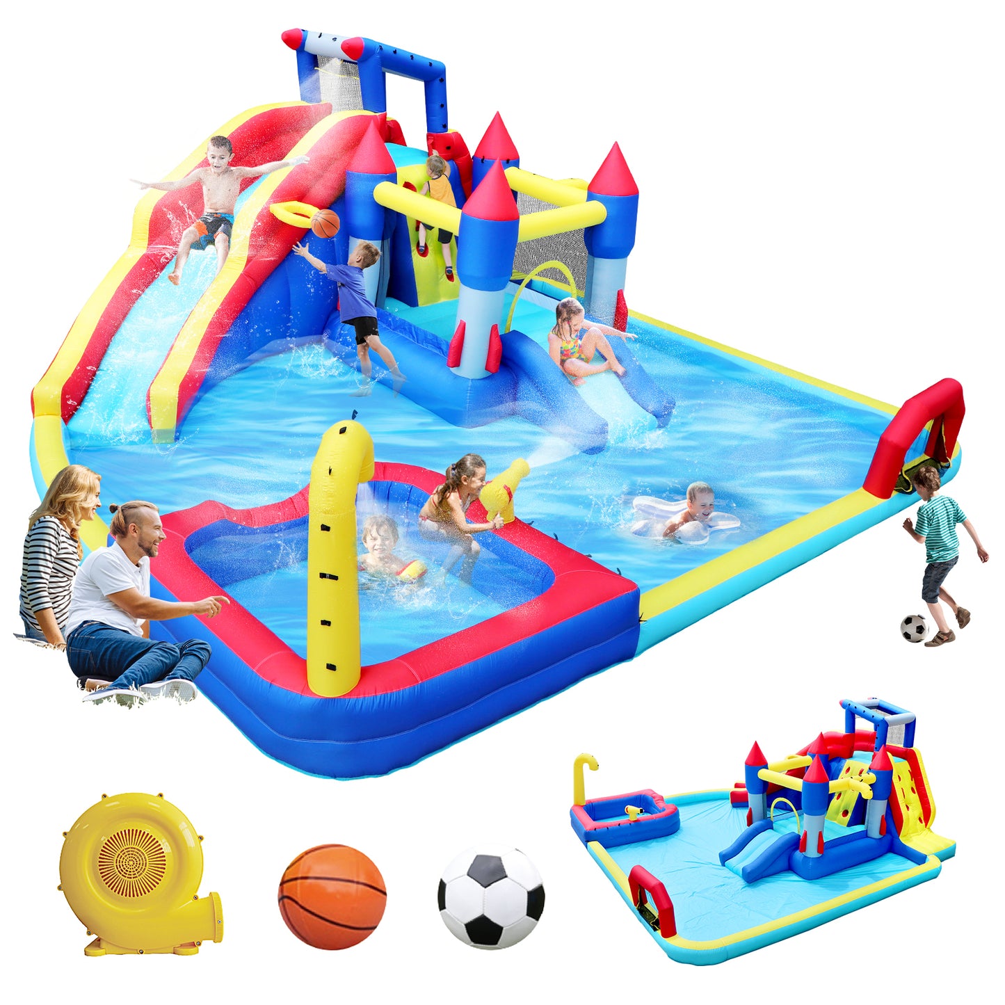 10 in1 Inflatable slide water park  bouncing house garden with splash pool & water gun & basketball & climbing wall & dual pools & soccer