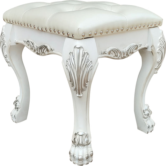 White Upholstered Vanity Stool with PU Leather Seat