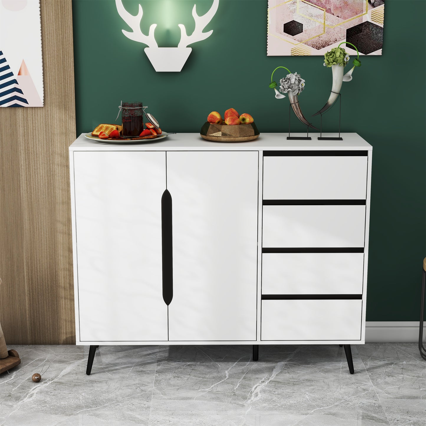 1st Choice Modern White Side Cabinet with Four Drawers and Two Doors