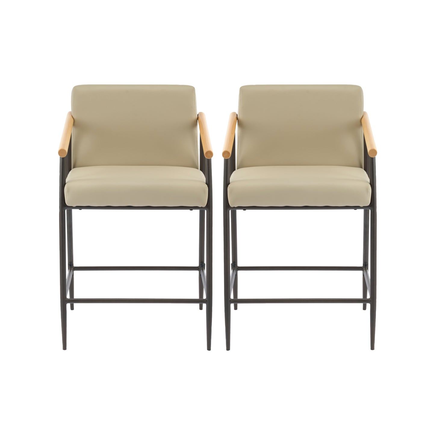 Mid-Century Modern Counter Stool Set with Espresso Metal Frame and Khaki Cushions