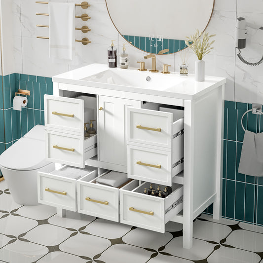 36'' Bathroom Vanity with Resin Sink Combo, Solid Wood Frame Bathroom Storage Cabinet, Freestanding Vanity Set with 5 Drawers& Soft Closing Doors