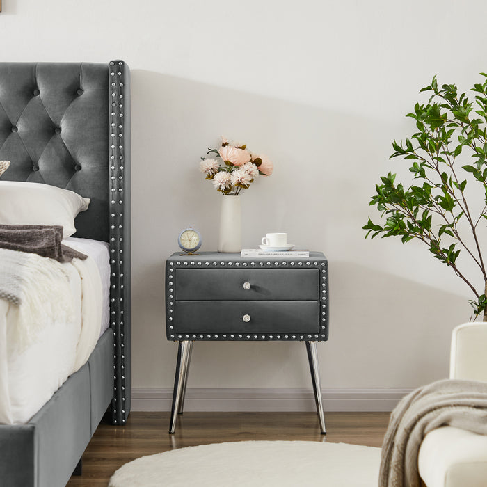 1st Choice Durable Elegant Grey Velvet Nightstand in Classic Silver