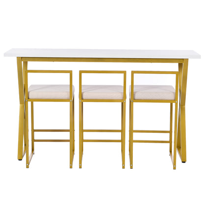 TOPMAX Modern 4-Piece Counter Height Extra Long Console Bar Dining Table Set with 3 Padded Stools for Small Places, Gold