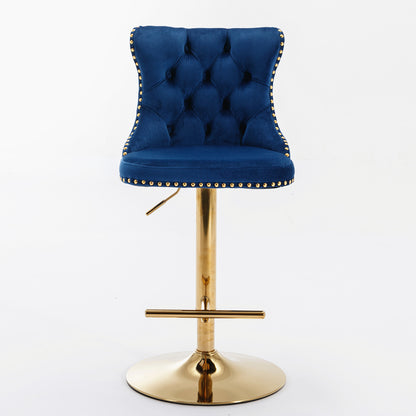 A&A Furniture,Golden Swivel Velvet Barstools Adjusatble Seat Height from 25-33 Inch, Modern Upholstered Bar Stools with Backs Comfortable Tufted for Home Pub and Kitchen Island,Blue,Set of 2
