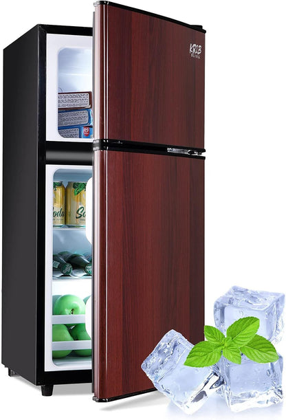 3.5Cu.Ft Compact Refrigerator Mini Fridge with Freezer, Small Refrigerator with 2 Door, 7 Level Thermostat Removable Shelves for Kitchen, Dorm, Apartment, Bar, Office, Wood
