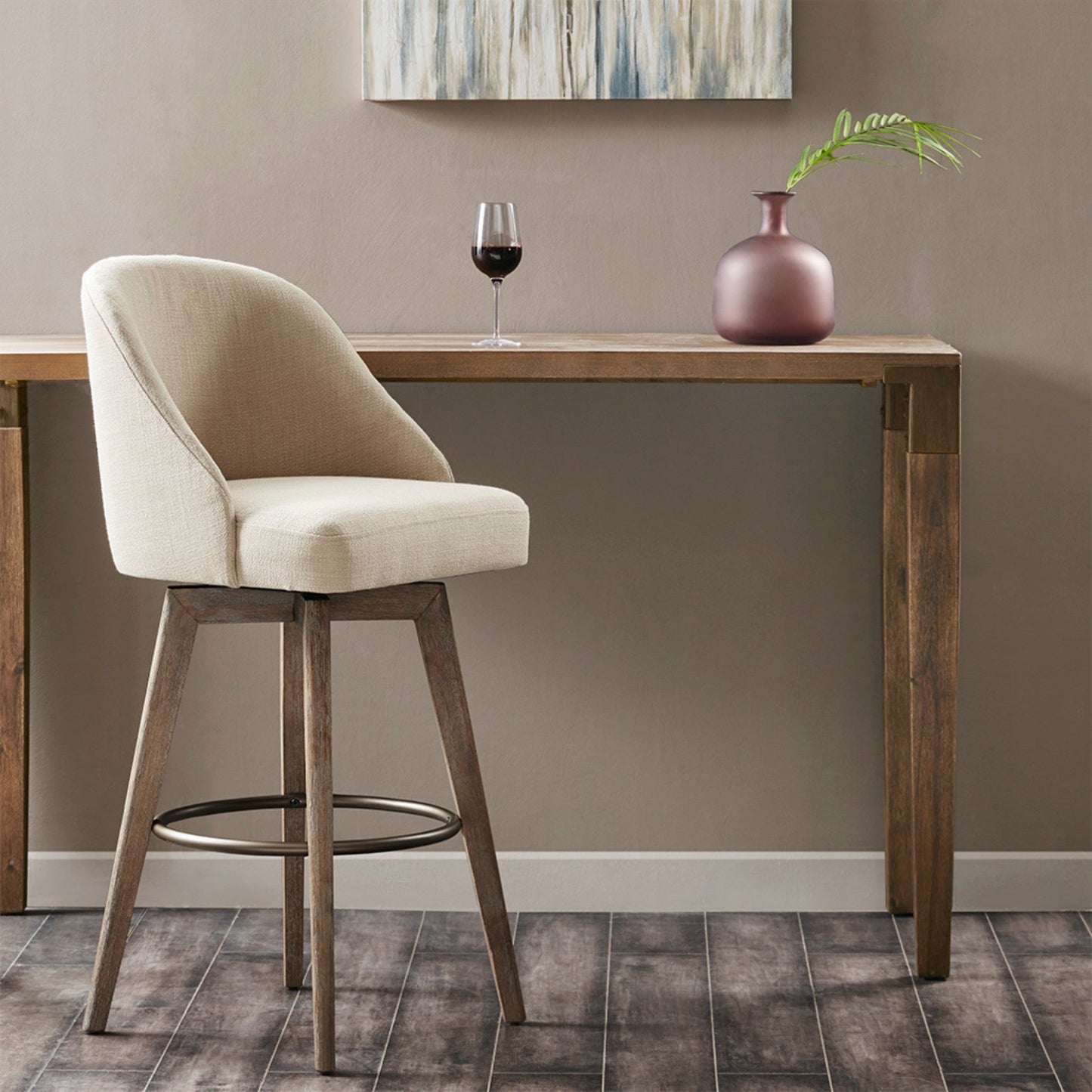 Bar Stool with Swivel Seat in Sand Polyester and Reclaimed Grey Wood - 1st Choice Furniture Direct