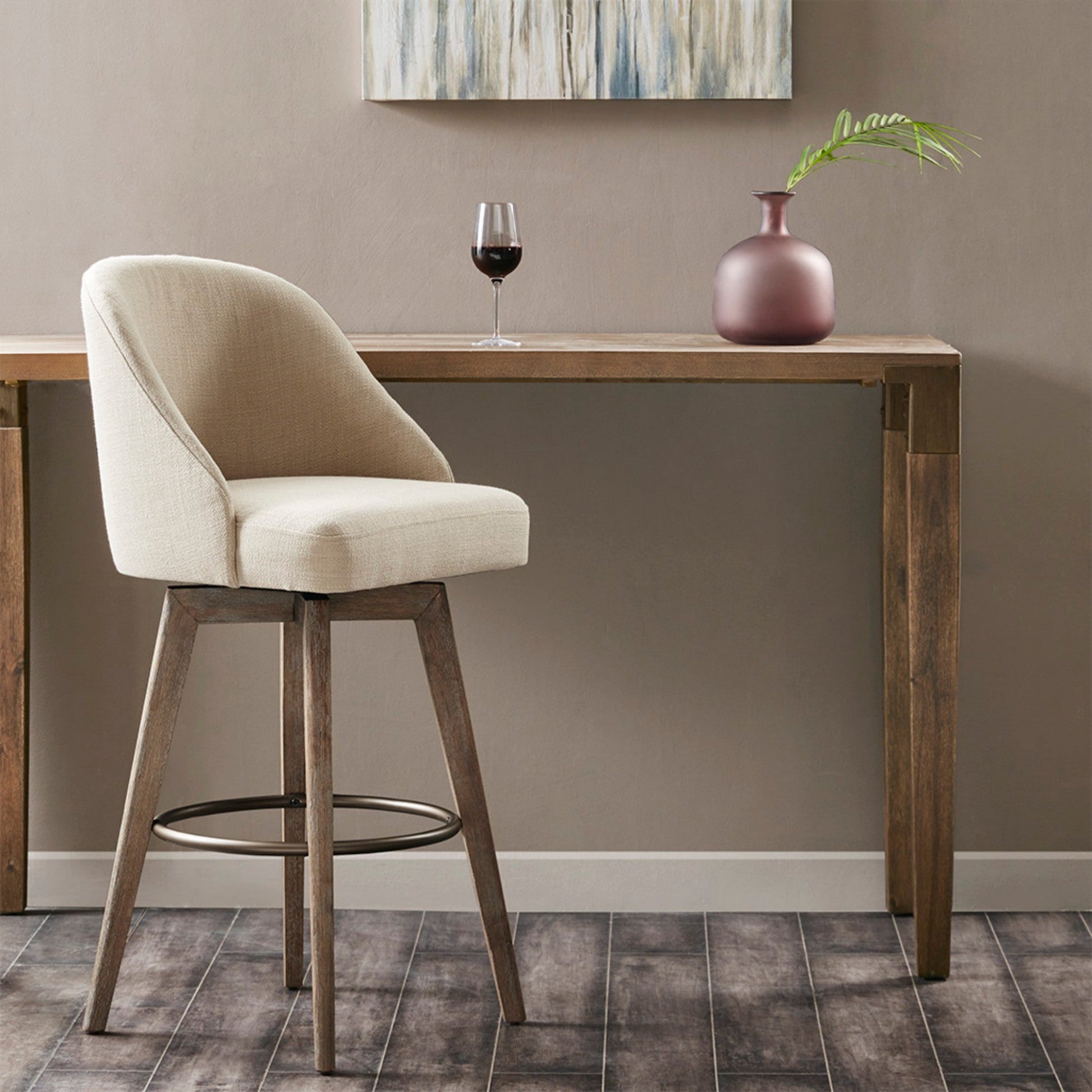 Bar Stool with Swivel Seat in Sand Polyester and Reclaimed Grey Wood - 1st Choice Furniture Direct