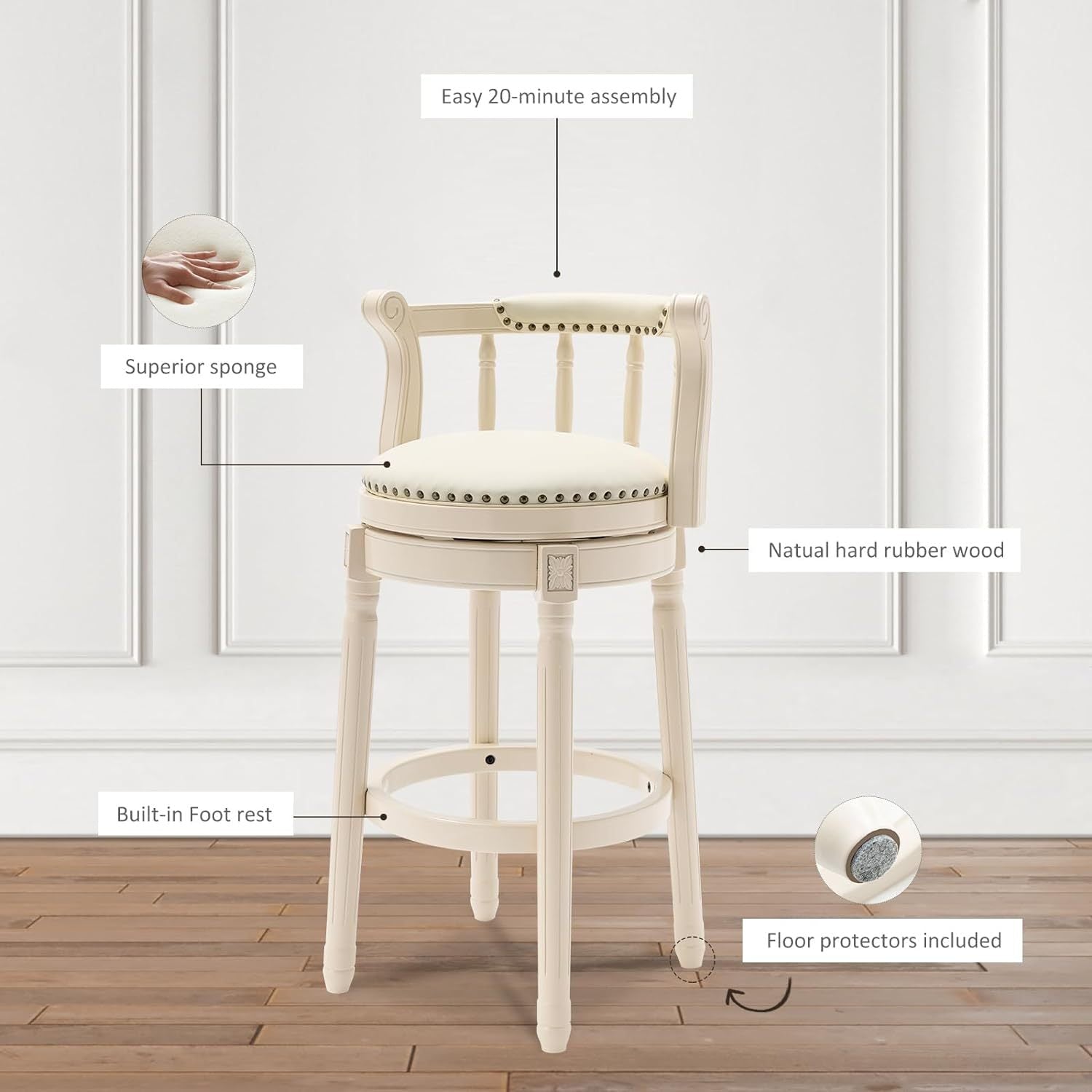 Bar Stools Seat Height 29.5'' Leather Wooden Bar Stools(WHITE 1pc) - 1st Choice Furniture Direct