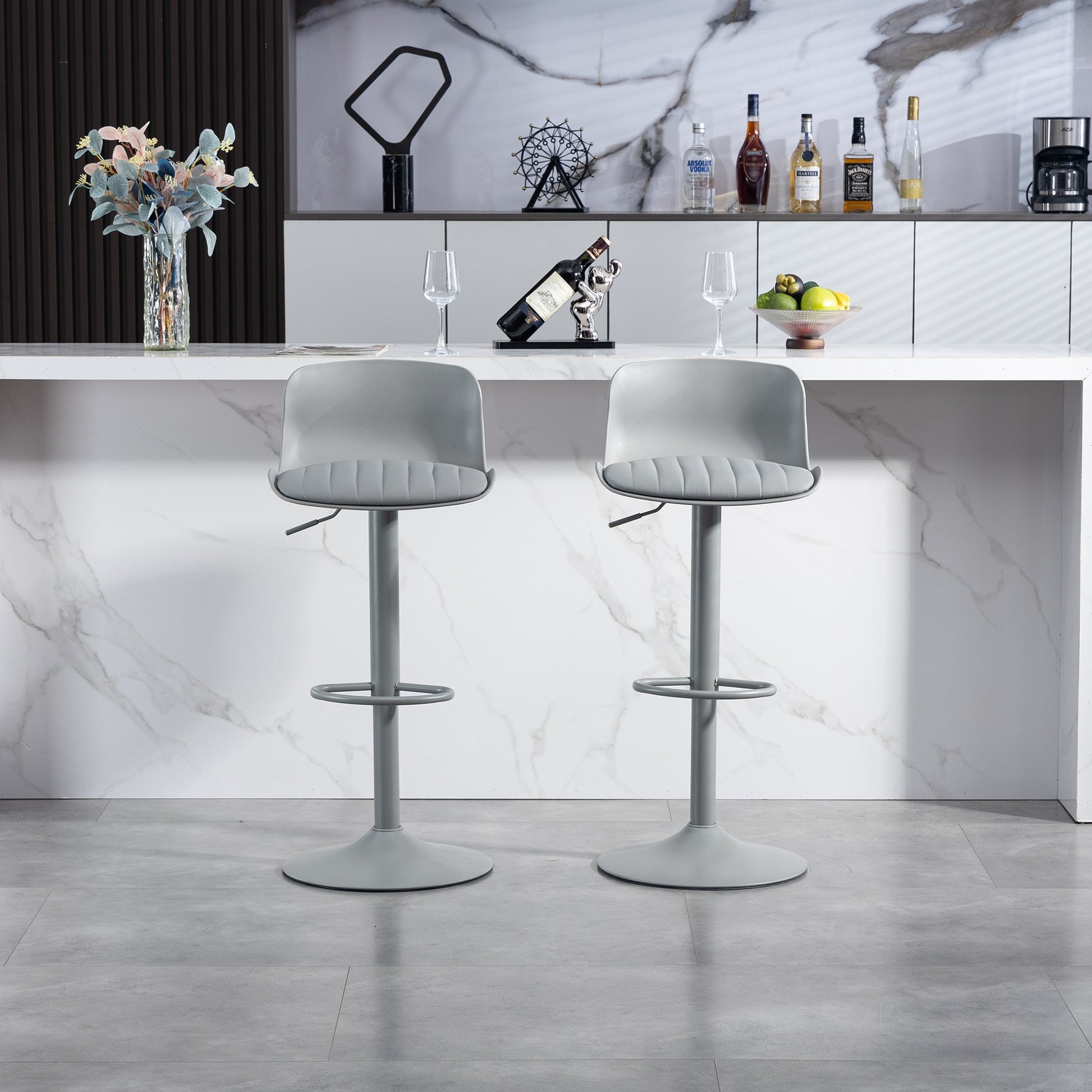 Bar Stools Set of 2 – Modern PU Leather Counter Height Barstools with Back, Height Adjustable Swivel Kitchen Island Chairs, Armless, Large Base - Gray - 1st Choice Furniture Direct