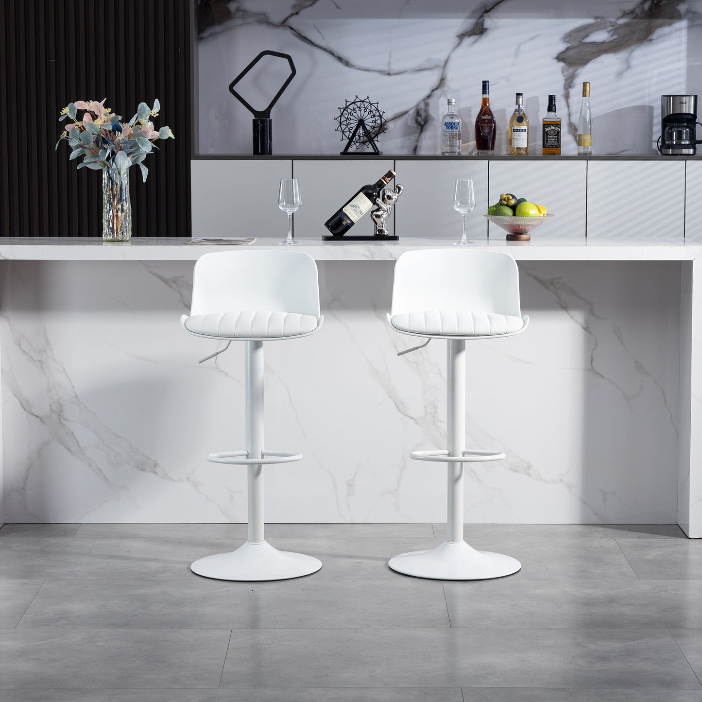 Bar Stools Set of 2 – Modern PU Leather Counter Height Barstools with Back, Height Adjustable Swivel Kitchen Island Chairs, Armless, Large Base - White - 1st Choice Furniture Direct