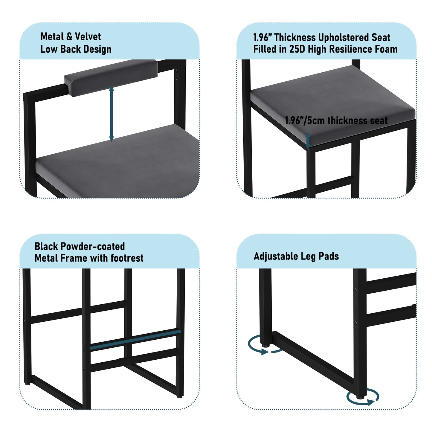 Bar Stools Upholstered Velvet Counter Height Barstools for Kitchen Island Set of 2 Modern Dining Chairs with Footrest & Backrest (Black & Gray) - 1st Choice Furniture Direct