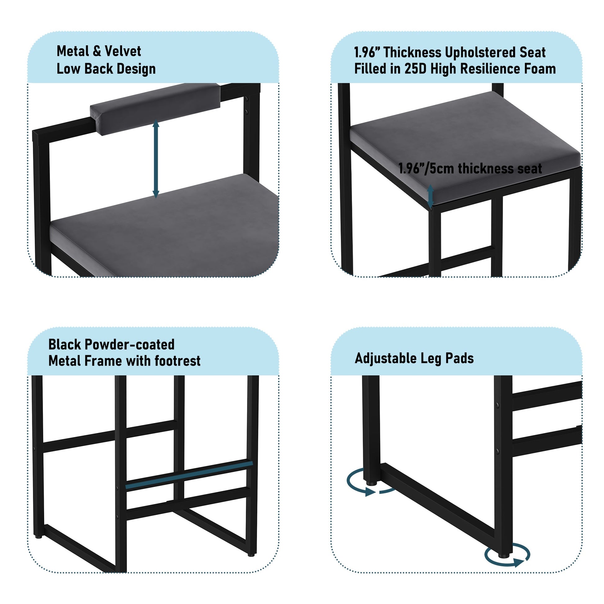 Bar Stools Upholstered Velvet Counter Height Barstools for Kitchen Island Set of 2 Modern Dining Chairs with Footrest & Backrest (Black & Gray) - 1st Choice Furniture Direct