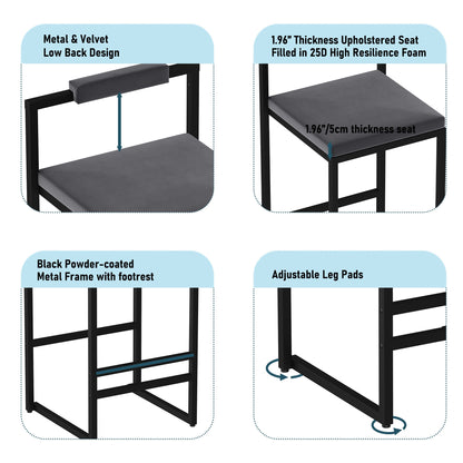 Bar Stools Upholstered Velvet Counter Height Barstools for Kitchen Island Set of 2 Modern Dining Chairs with Footrest & Backrest (Black & Gray) - 1st Choice Furniture Direct