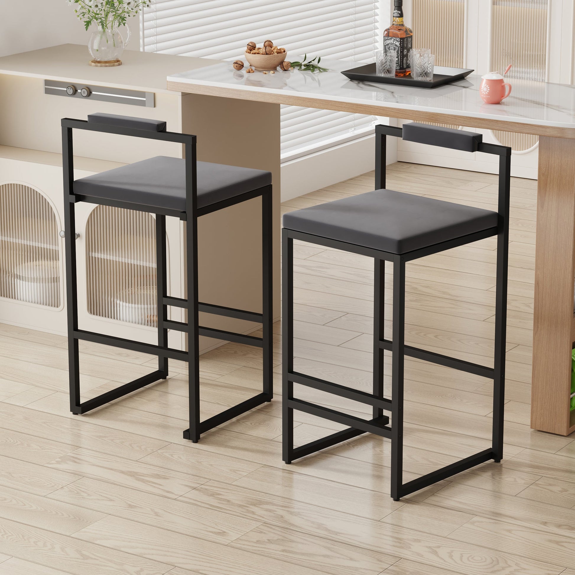 Bar Stools Upholstered Velvet Counter Height Barstools for Kitchen Island Set of 2 Modern Dining Chairs with Footrest & Backrest (Black & Gray) - 1st Choice Furniture Direct