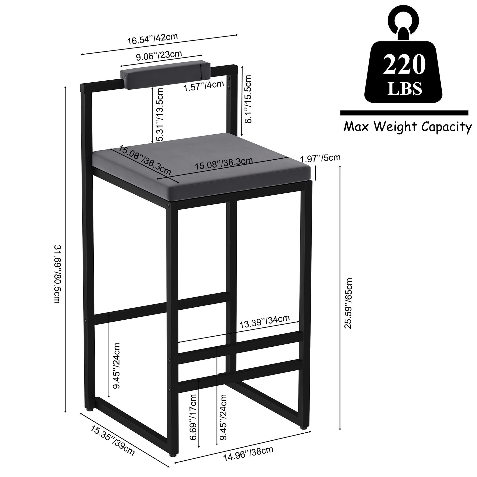 Bar Stools Upholstered Velvet Counter Height Barstools for Kitchen Island Set of 2 Modern Dining Chairs with Footrest & Backrest (Black & Gray) - 1st Choice Furniture Direct