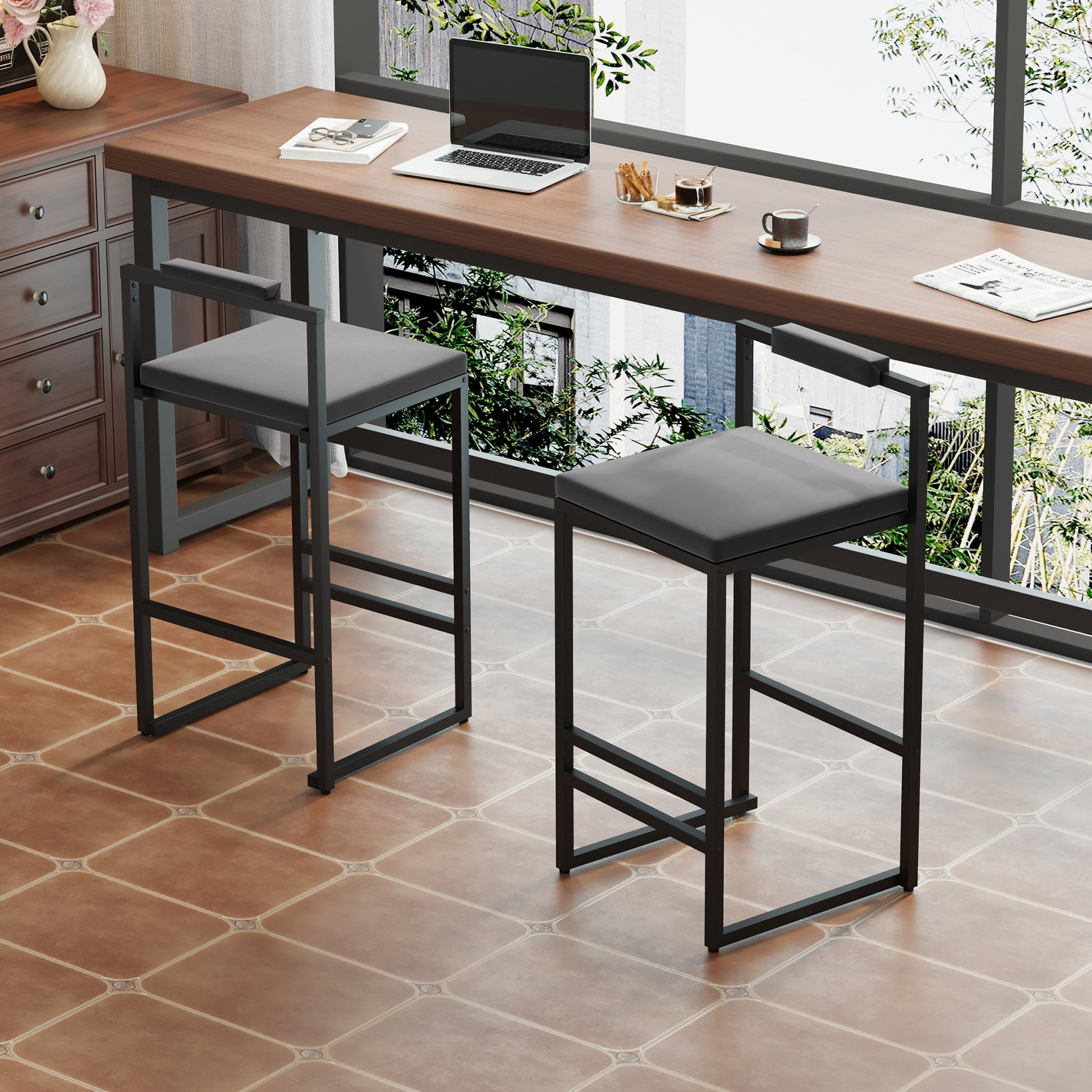 Bar Stools Upholstered Velvet Counter Height Barstools for Kitchen Island Set of 2 Modern Dining Chairs with Footrest & Backrest (Black & Gray) - 1st Choice Furniture Direct