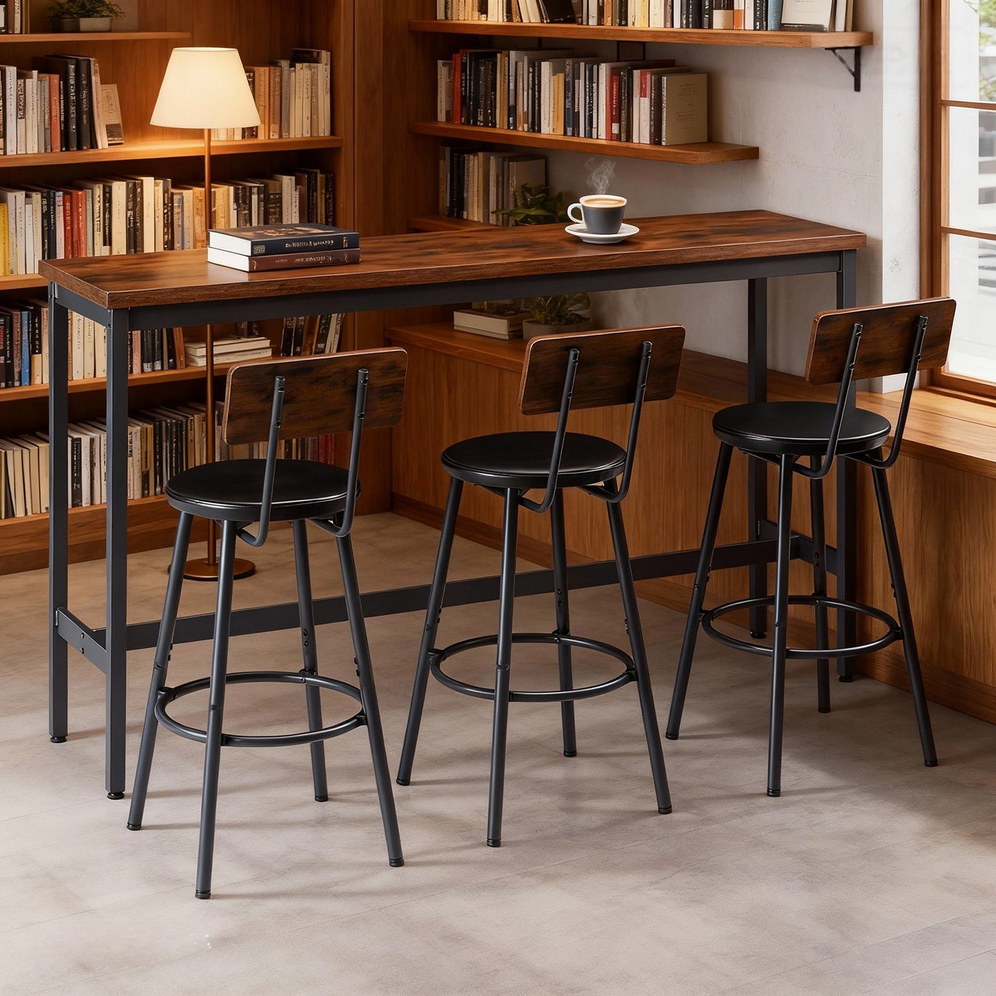 Bar Table and Chairs Set for 3, 4 Piece Industrial Dining Table Set with 3 PU Upholstered Bar Stools, Bar Table Set for Kitchen, Dining Room, Living Room, Bar, Cafe, Small Space Corner, Rustic Brown - 1st Choice Furniture Direct