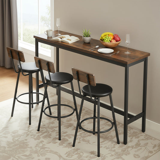 Bar Table and Chairs Set for 3, 4 Piece Industrial Dining Table Set with 3 PU Upholstered Bar Stools, Bar Table Set for Kitchen, Dining Room, Living Room, Bar, Cafe, Small Space Corner, Rustic Brown - 1st Choice Furniture Direct