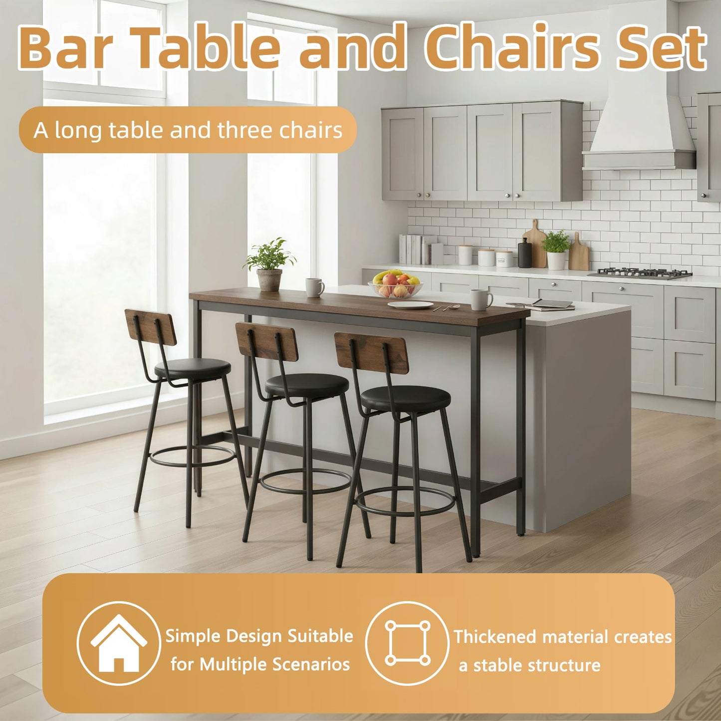 Bar Table and Chairs Set for 3, 4 Piece Industrial Dining Table Set with 3 PU Upholstered Bar Stools, Bar Table Set for Kitchen, Dining Room, Living Room, Bar, Cafe, Small Space Corner, Rustic Brown - 1st Choice Furniture Direct