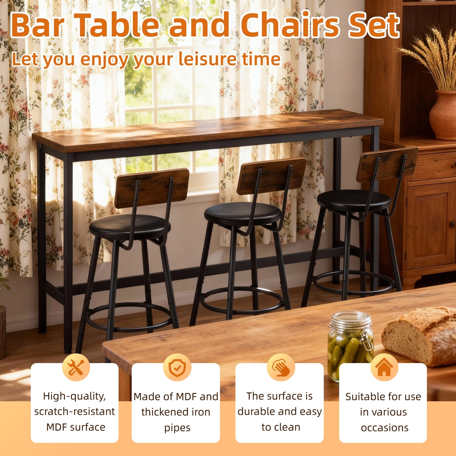 Bar Table and Chairs Set for 3, 4 Piece Industrial Dining Table Set with 3 PU Upholstered Bar Stools, Bar Table Set for Kitchen, Dining Room, Living Room, Bar, Cafe, Small Space Corner, Rustic Brown - 1st Choice Furniture Direct