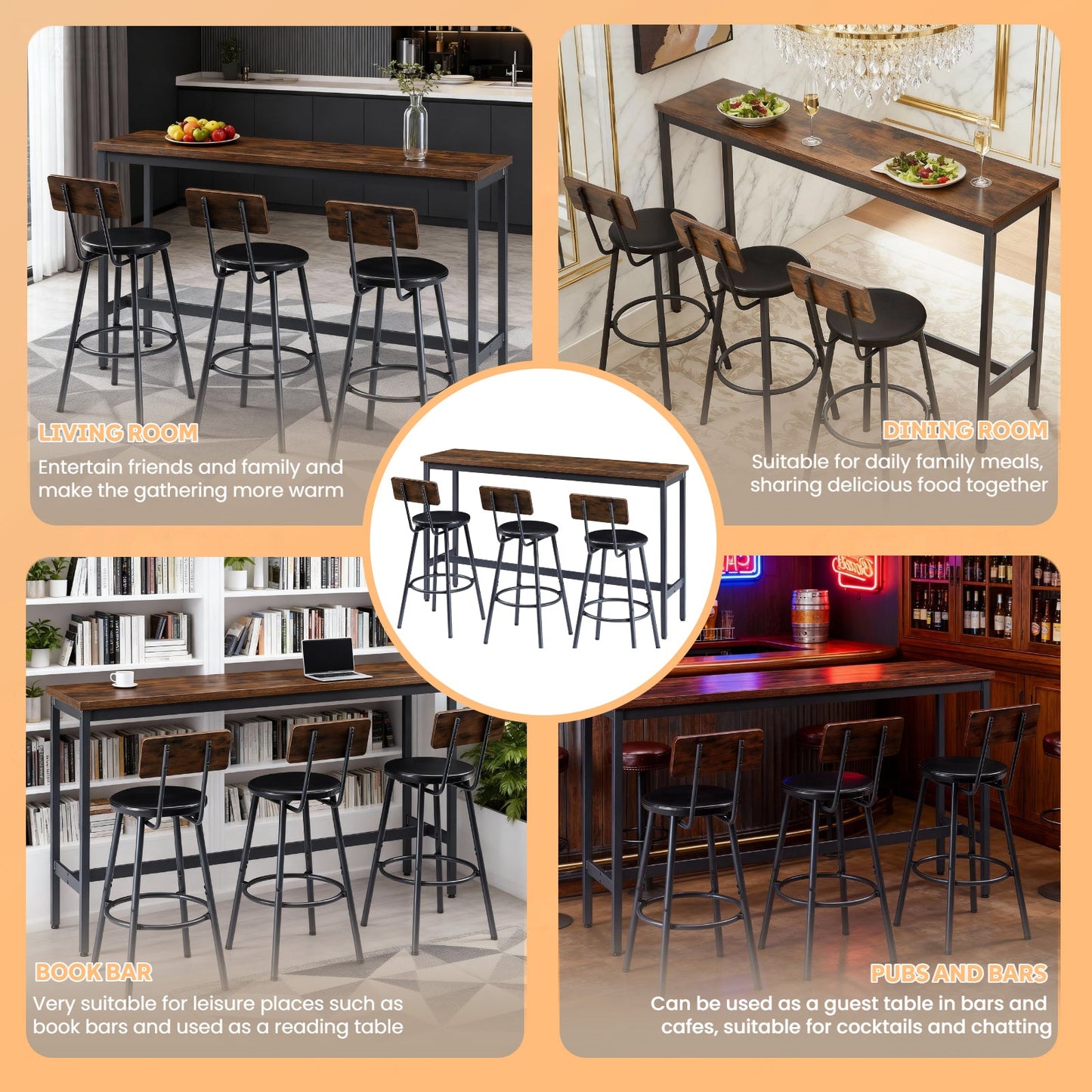 Bar Table and Chairs Set for 3, 4 Piece Industrial Dining Table Set with 3 PU Upholstered Bar Stools, Bar Table Set for Kitchen, Dining Room, Living Room, Bar, Cafe, Small Space Corner, Rustic Brown - 1st Choice Furniture Direct