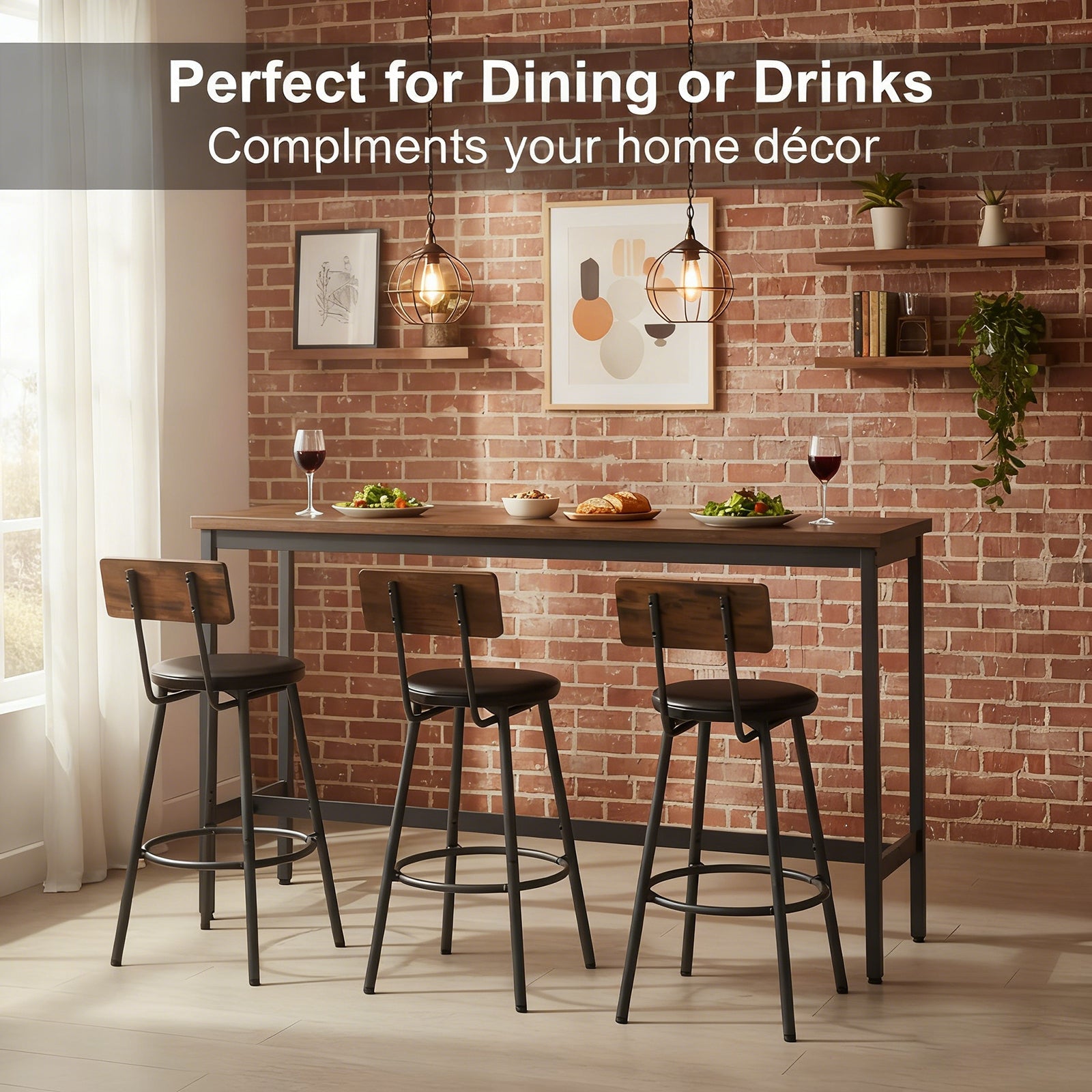Bar Table and Chairs Set for 3, 4 Piece Industrial Dining Table Set with 3 PU Upholstered Bar Stools, Bar Table Set for Kitchen, Dining Room, Living Room, Bar, Cafe, Small Space Corner, Rustic Brown - 1st Choice Furniture Direct