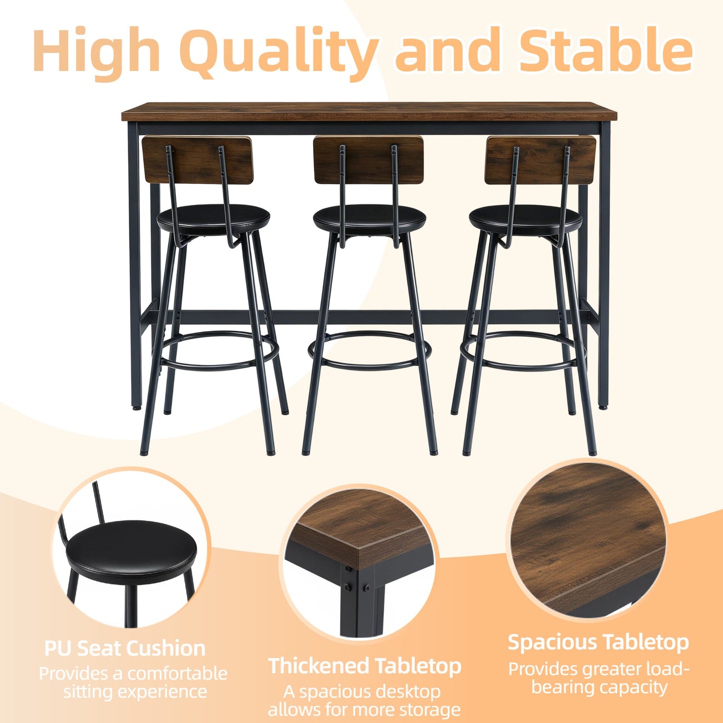 Bar Table and Chairs Set for 3, 4 Piece Industrial Dining Table Set with 3 PU Upholstered Bar Stools, Bar Table Set for Kitchen, Dining Room, Living Room, Bar, Cafe, Small Space Corner, Rustic Brown - 1st Choice Furniture Direct