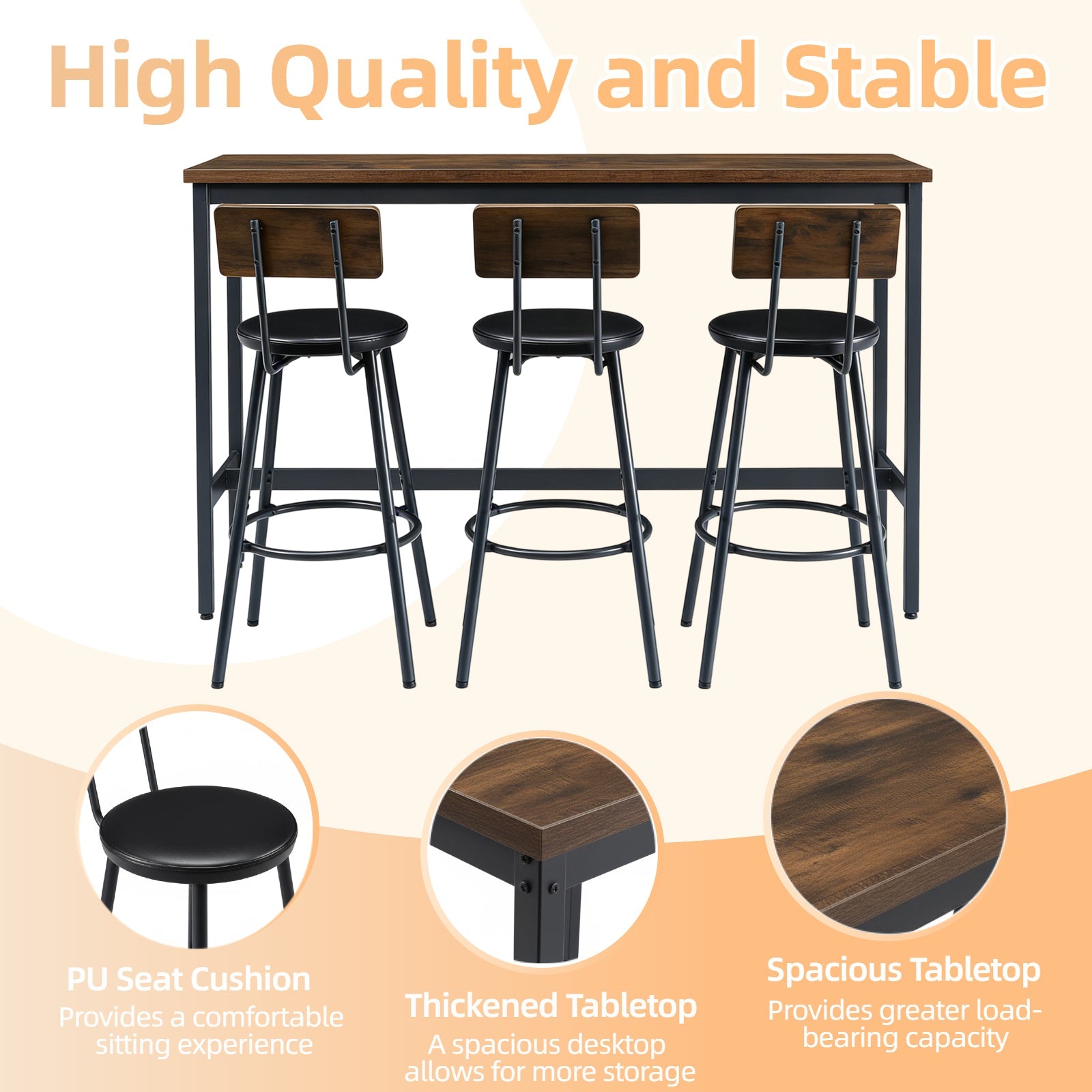 Bar Table and Chairs Set for 3, 4 Piece Industrial Dining Table Set with 3 PU Upholstered Bar Stools, Bar Table Set for Kitchen, Dining Room, Living Room, Bar, Cafe, Small Space Corner, Rustic Brown - 1st Choice Furniture Direct