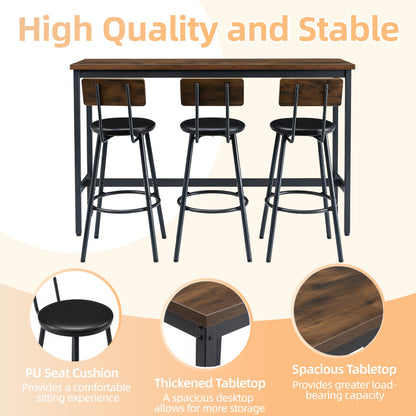 Bar Table and Chairs Set for 3, 4 Piece Industrial Dining Table Set with 3 PU Upholstered Bar Stools, Bar Table Set for Kitchen, Dining Room, Living Room, Bar, Cafe, Small Space Corner, Rustic Brown - 1st Choice Furniture Direct
