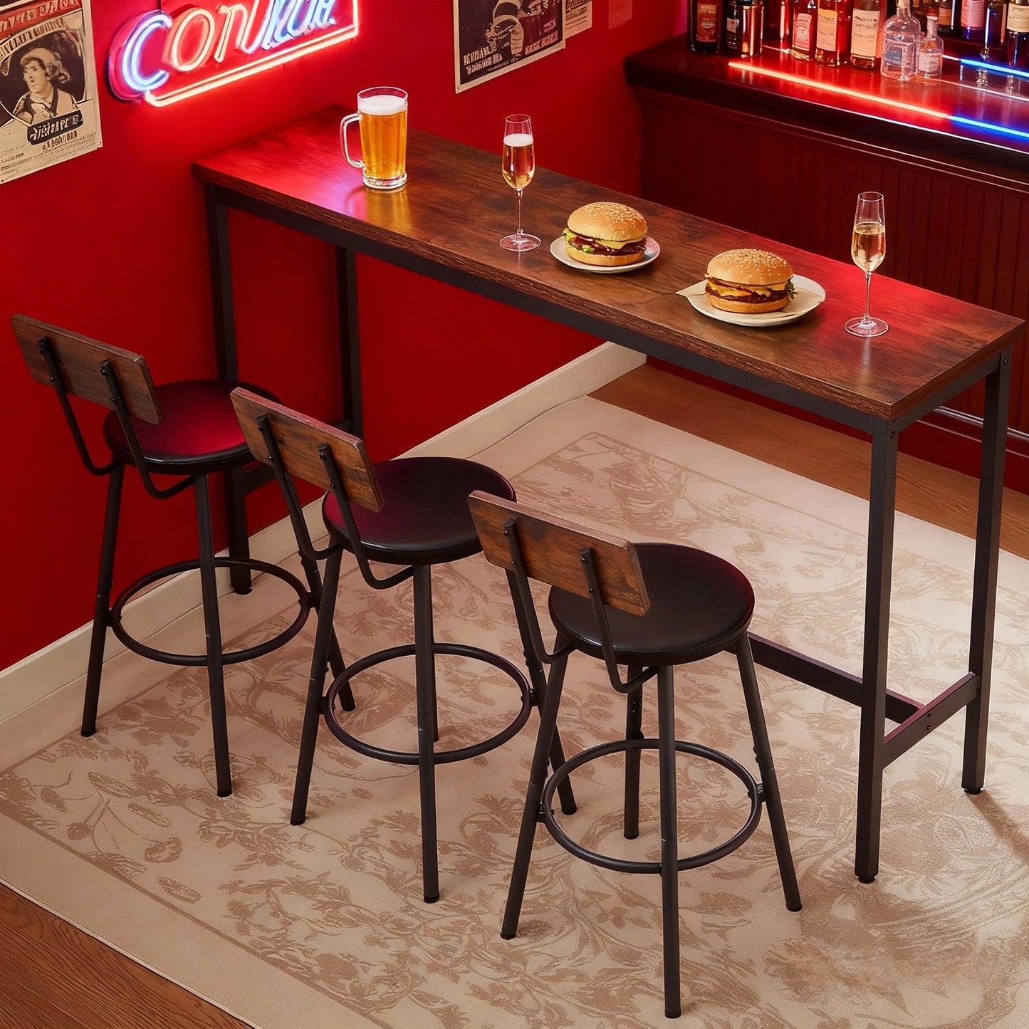 Bar Table and Chairs Set for 3, 4 Piece Industrial Dining Table Set with 3 PU Upholstered Bar Stools, Bar Table Set for Kitchen, Dining Room, Living Room, Bar, Cafe, Small Space Corner, Rustic Brown - 1st Choice Furniture Direct