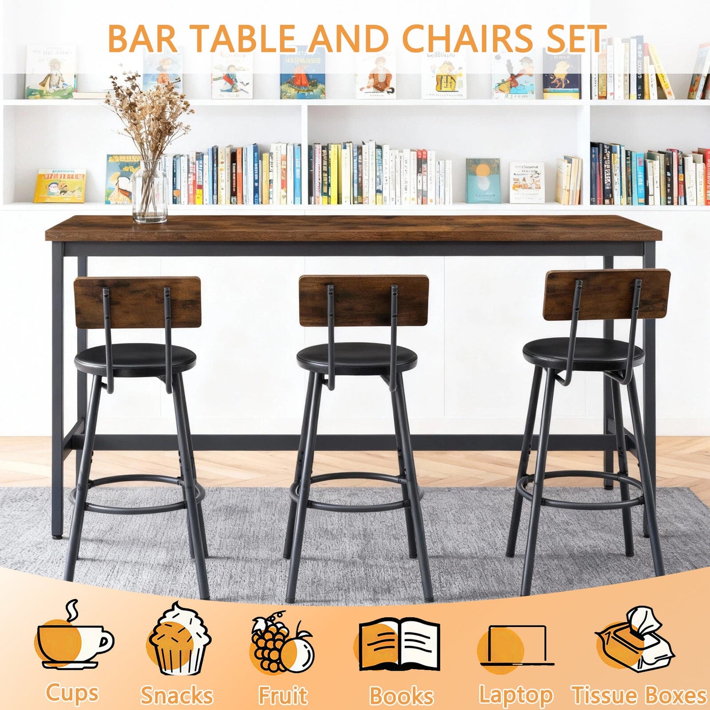 Bar Table and Chairs Set for 3, 4 Piece Industrial Dining Table Set with 3 PU Upholstered Bar Stools, Bar Table Set for Kitchen, Dining Room, Living Room, Bar, Cafe, Small Space Corner, Rustic Brown - 1st Choice Furniture Direct