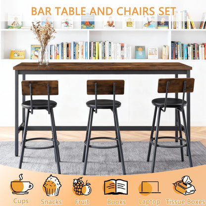 Bar Table and Chairs Set for 3, 4 Piece Industrial Dining Table Set with 3 PU Upholstered Bar Stools, Bar Table Set for Kitchen, Dining Room, Living Room, Bar, Cafe, Small Space Corner, Rustic Brown - 1st Choice Furniture Direct