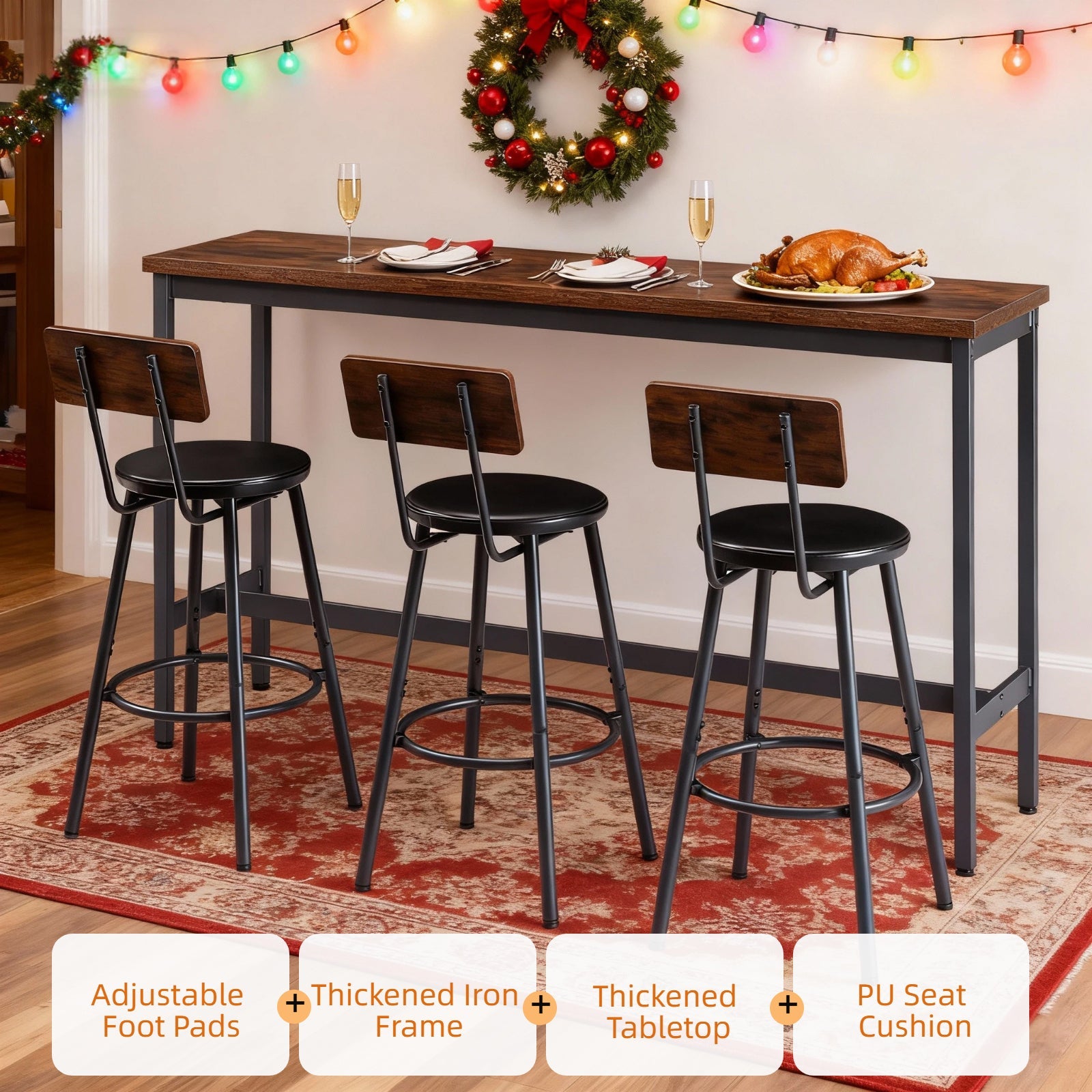 Bar Table and Chairs Set for 3, 4 Piece Industrial Dining Table Set with 3 PU Upholstered Bar Stools, Bar Table Set for Kitchen, Dining Room, Living Room, Bar, Cafe, Small Space Corner, Rustic Brown - 1st Choice Furniture Direct
