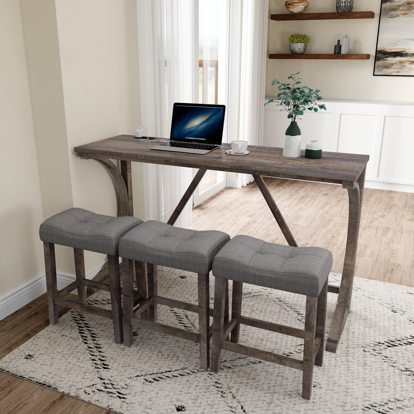Bar Table Set with Power Outlet, Bar Table and Chairs Set, 4 Piece Dining Table Set, Industrial Breakfast Table Set, for Living Room, Dining Room, Game Room - 1st Choice Furniture Direct