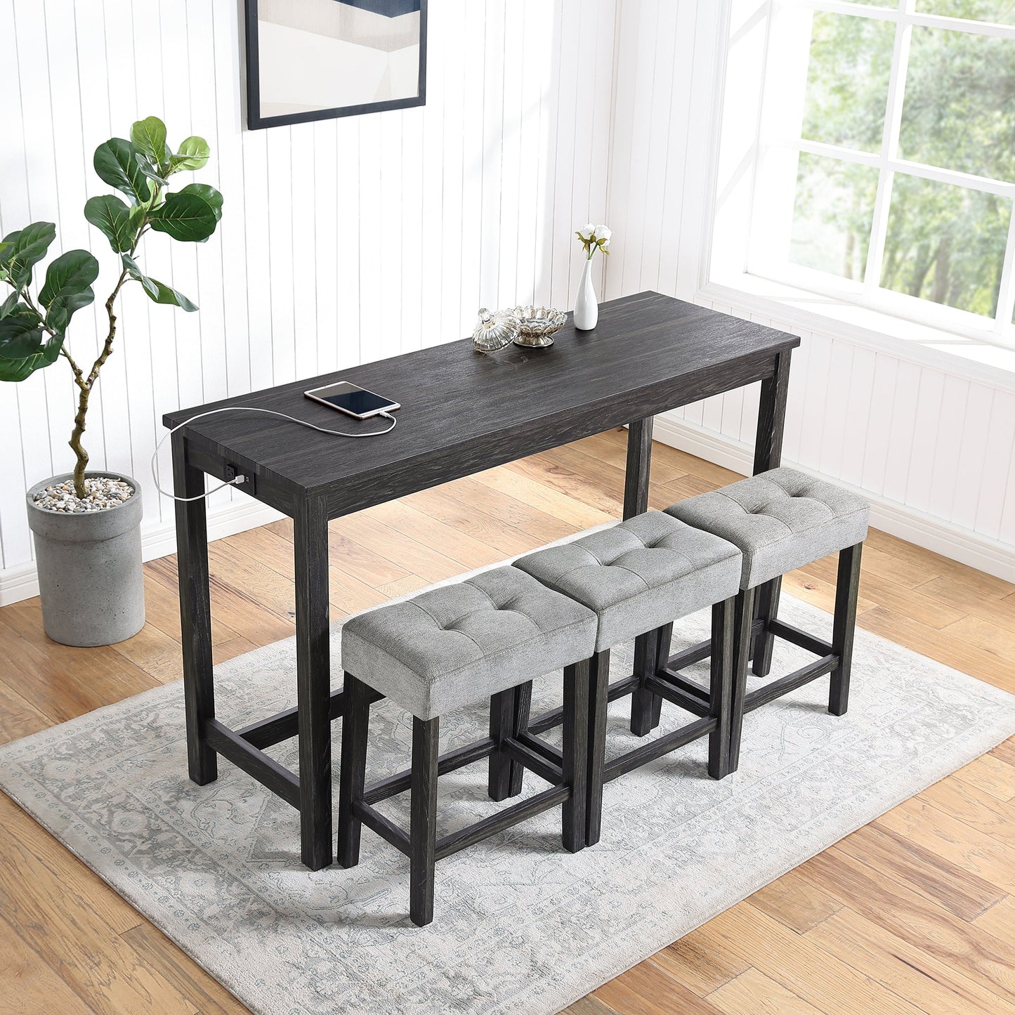 Bar Table Set with Power Outlet, Bar Table and Chairs Set, 4 Piece Dining Table Set, Industrial Breakfast Table Set, for Living Room, Dining Room, Game Room - 1st Choice Furniture Direct