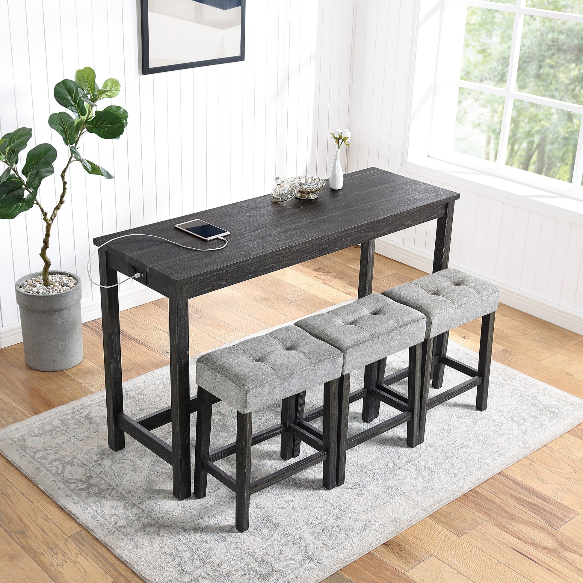 Bar Table Set with Power Outlet, Bar Table and Chairs Set, 4 Piece Dining Table Set, Industrial Breakfast Table Set, for Living Room, Dining Room, Game Room - 1st Choice Furniture Direct