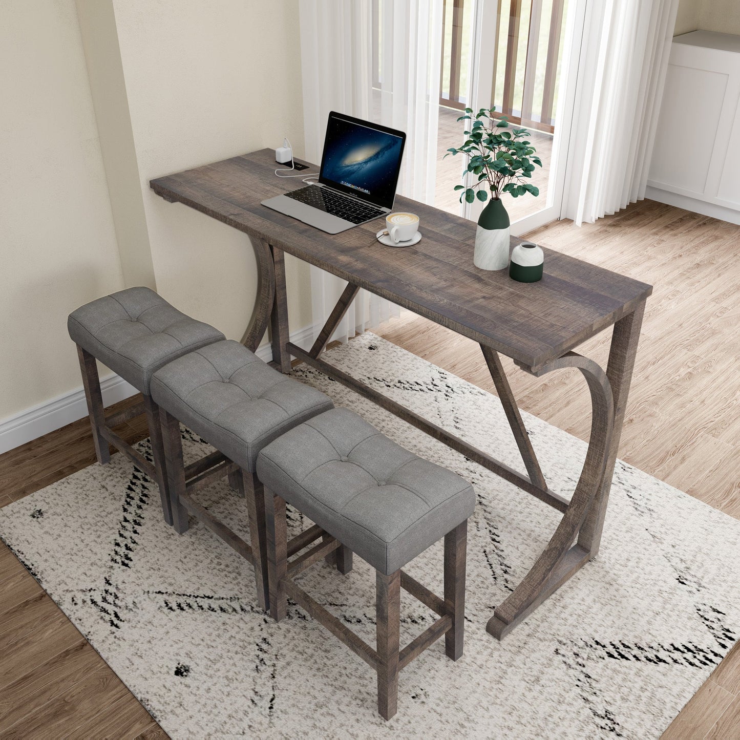 Bar Table Set with Power Outlet, Bar Table and Chairs Set, 4 Piece Dining Table Set, Industrial Breakfast Table Set, for Living Room, Dining Room, Game Room - 1st Choice Furniture Direct