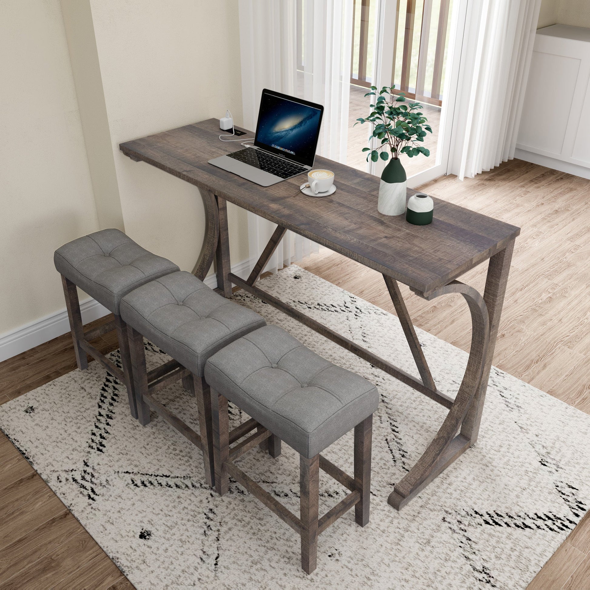 Bar Table Set with Power Outlet, Bar Table and Chairs Set, 4 Piece Dining Table Set, Industrial Breakfast Table Set, for Living Room, Dining Room, Game Room - 1st Choice Furniture Direct