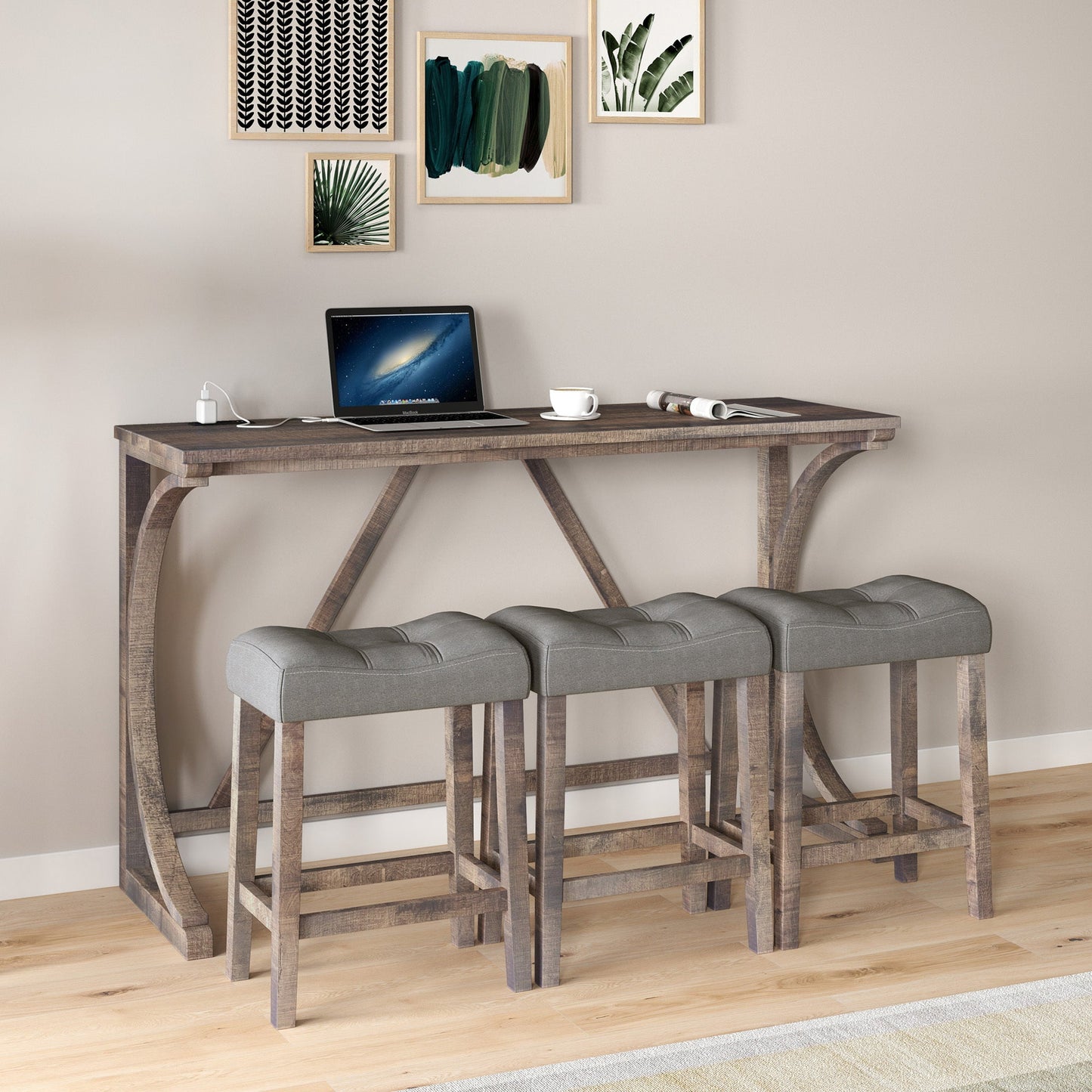 Bar Table Set with Power Outlet, Bar Table and Chairs Set, 4 Piece Dining Table Set, Industrial Breakfast Table Set, for Living Room, Dining Room, Game Room - 1st Choice Furniture Direct