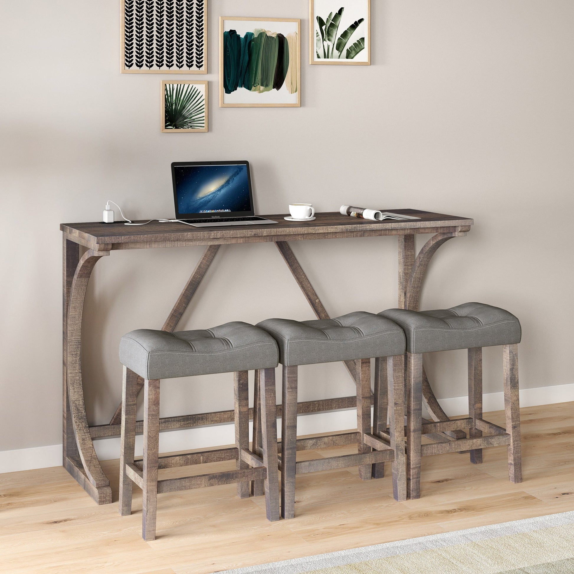 Bar Table Set with Power Outlet, Bar Table and Chairs Set, 4 Piece Dining Table Set, Industrial Breakfast Table Set, for Living Room, Dining Room, Game Room - 1st Choice Furniture Direct