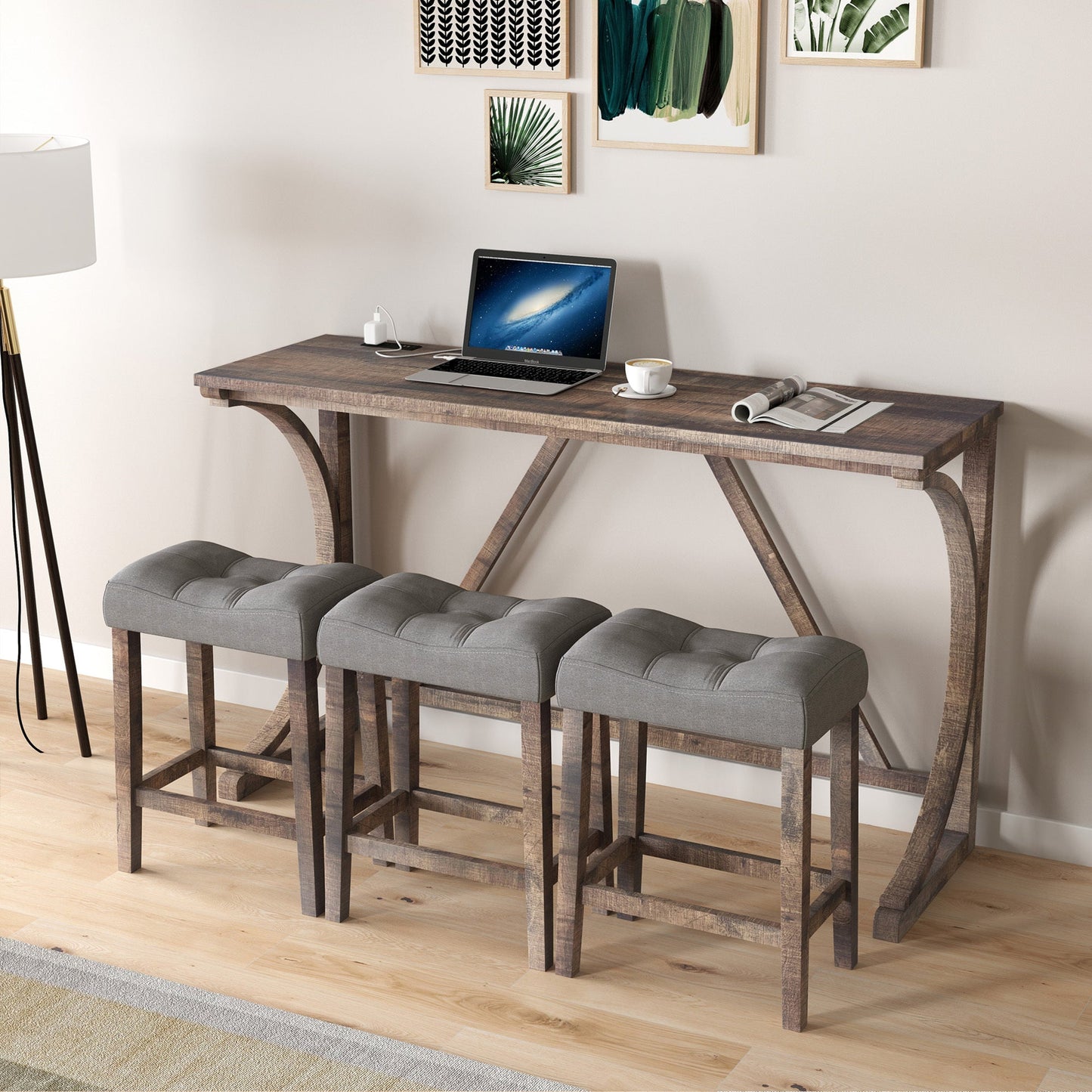Bar Table Set with Power Outlet, Bar Table and Chairs Set, 4 Piece Dining Table Set, Industrial Breakfast Table Set, for Living Room, Dining Room, Game Room - 1st Choice Furniture Direct