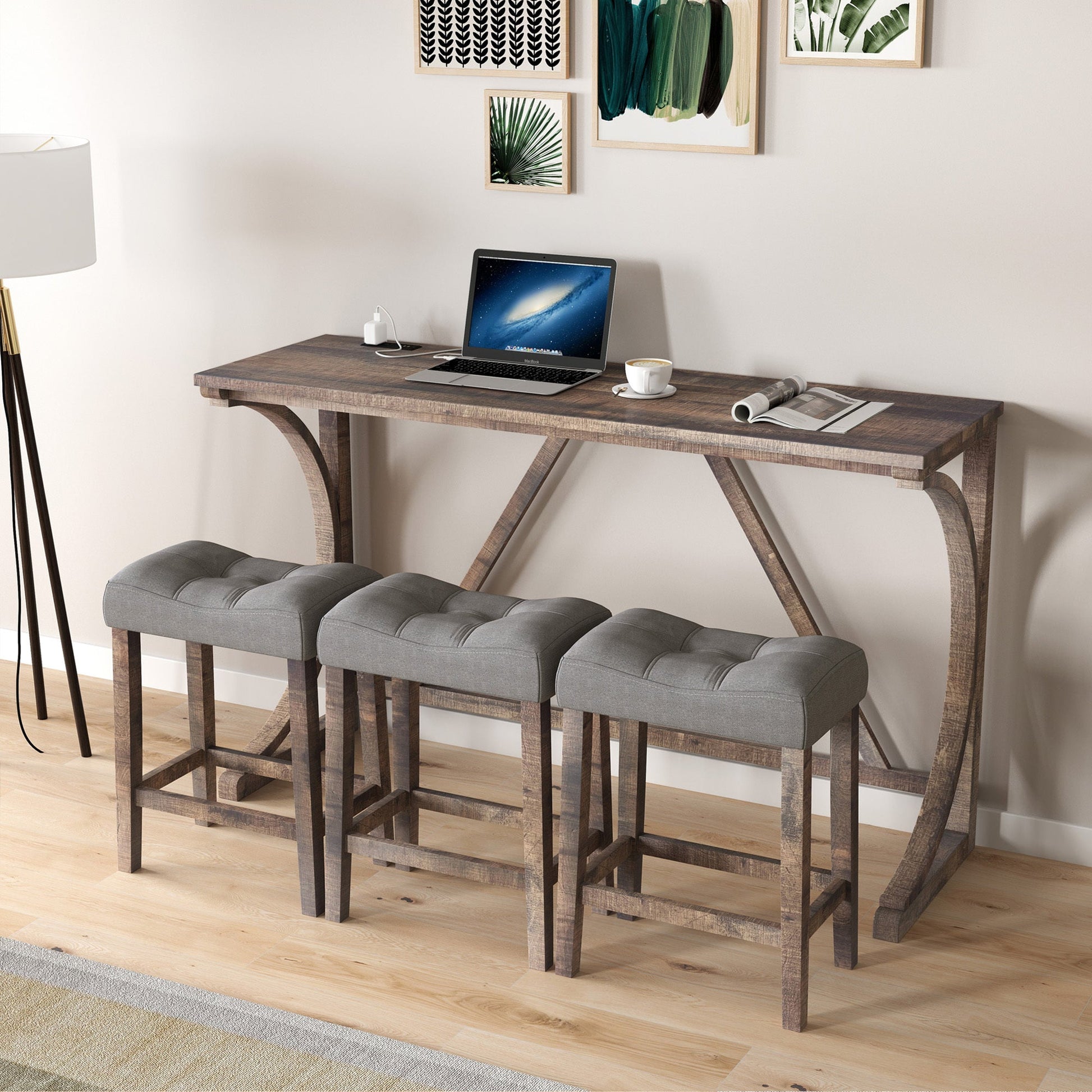 Bar Table Set with Power Outlet, Bar Table and Chairs Set, 4 Piece Dining Table Set, Industrial Breakfast Table Set, for Living Room, Dining Room, Game Room - 1st Choice Furniture Direct