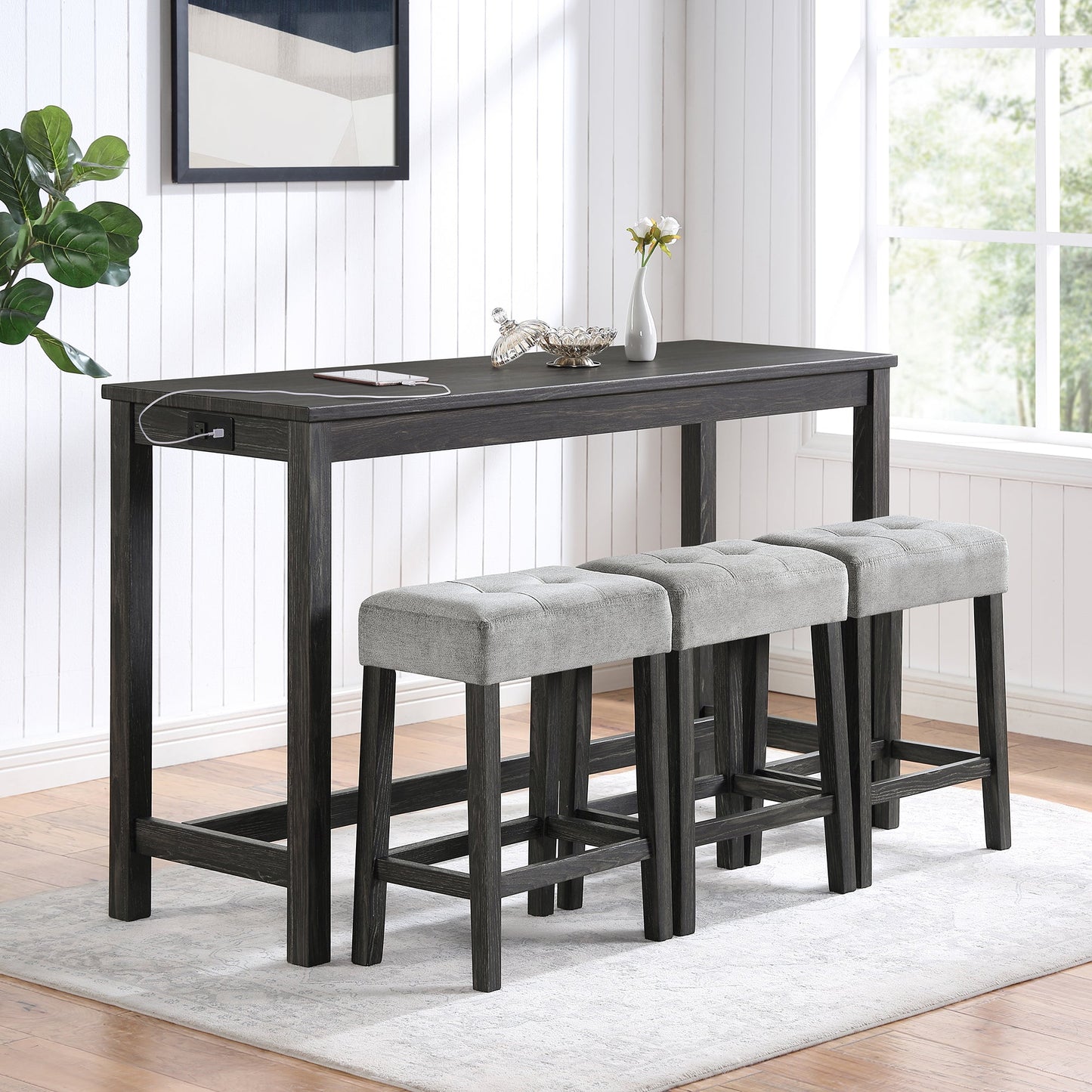 Bar Table Set with Power Outlet, Bar Table and Chairs Set, 4 Piece Dining Table Set, Industrial Breakfast Table Set, for Living Room, Dining Room, Game Room - 1st Choice Furniture Direct