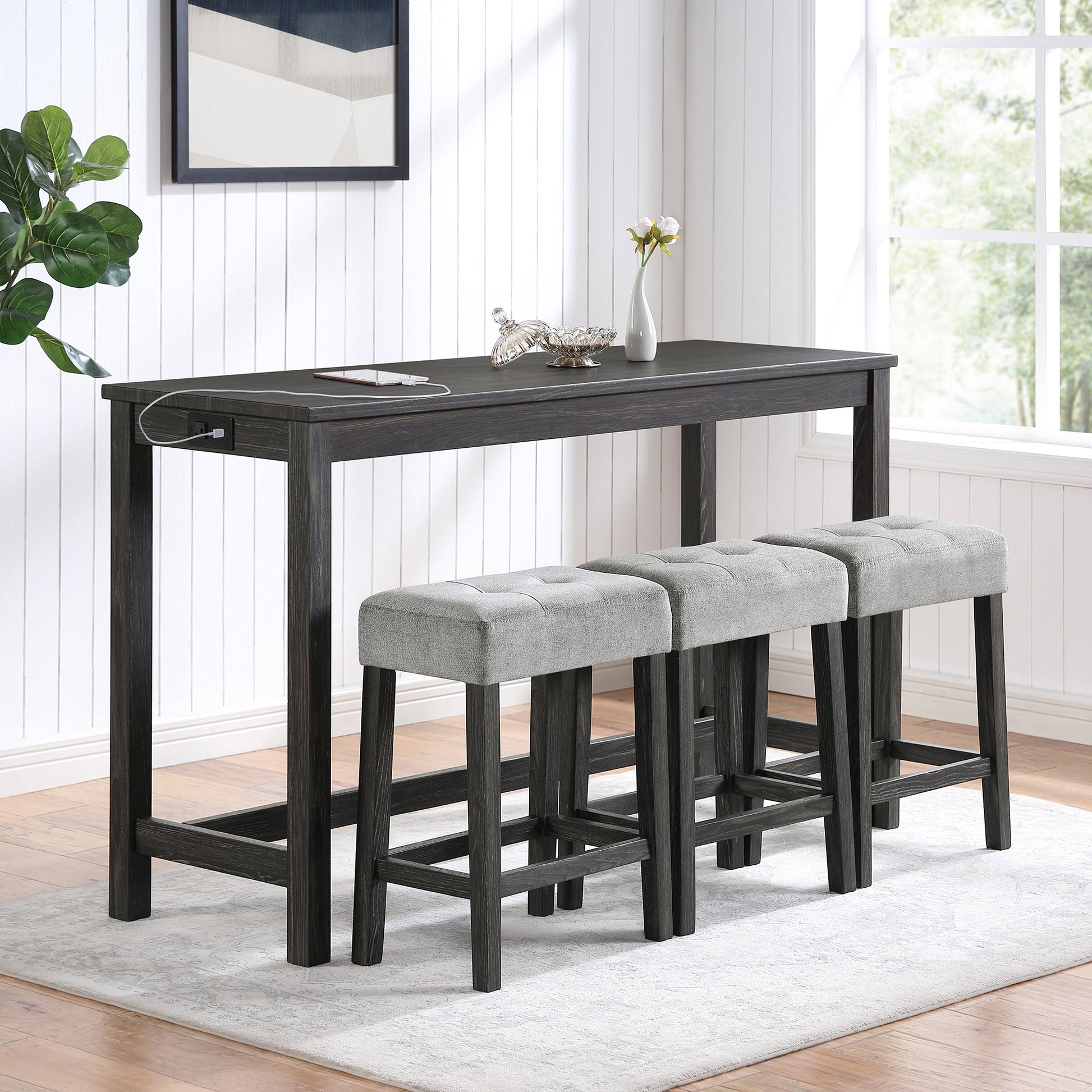 Bar Table Set with Power Outlet, Bar Table and Chairs Set, 4 Piece Dining Table Set, Industrial Breakfast Table Set, for Living Room, Dining Room, Game Room - 1st Choice Furniture Direct