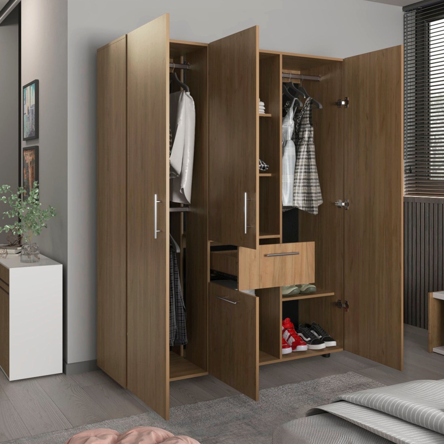 Bariloche 70' High Four - Door, One Drawer Armoire with Three Hanging Rods and Seven Storage Shelves, Bedroom Wardrove - 1st Choice Furniture Direct