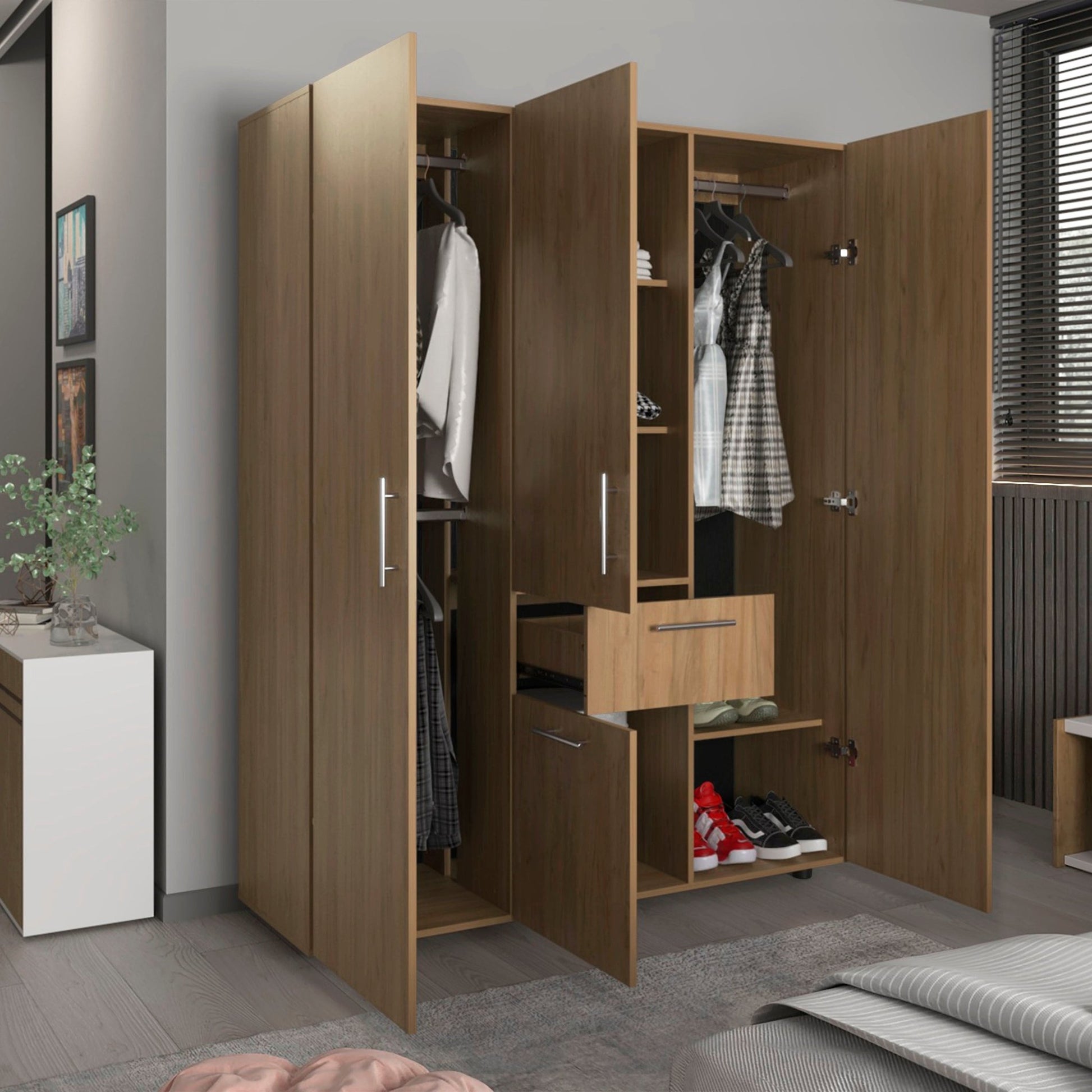 Bariloche 70' High Four - Door, One Drawer Armoire with Three Hanging Rods and Seven Storage Shelves, Bedroom Wardrove - 1st Choice Furniture Direct