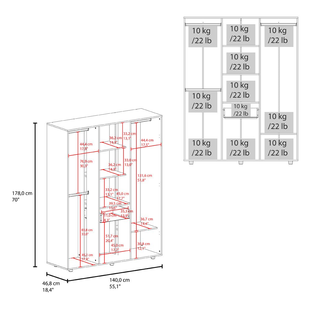 Bariloche 70' High Four - Door, One Drawer Armoire with Three Hanging Rods and Seven Storage Shelves, Bedroom Wardrove - 1st Choice Furniture Direct