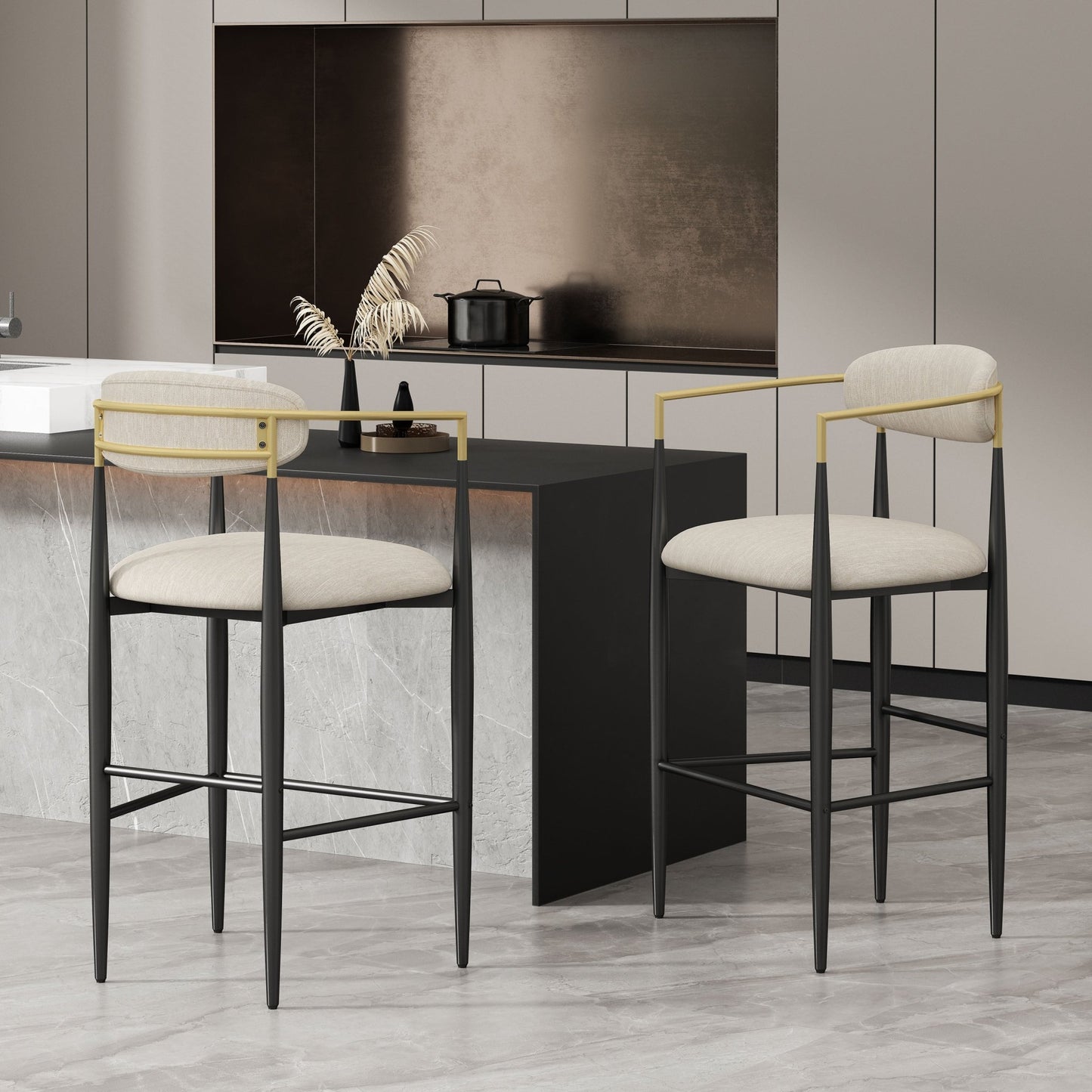 Barstools Set of 2, Upholstered Bar Stools with Backs and Iron Legs for Kitchen Island, Beige Fabric Seating 260LBS Weight Capacity - 1st Choice Furniture Direct