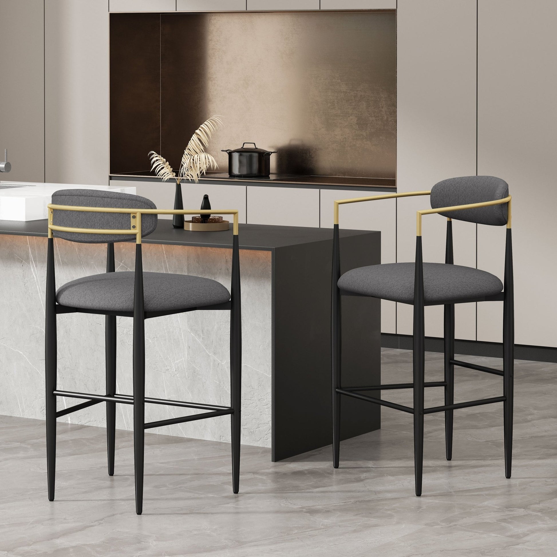 Barstools Set of 2, Upholstered Bar Stools with Backs and Iron Legs for Kitchen Island, Gray Fabric Seating 260LBS Weight Capacity - 1st Choice Furniture Direct