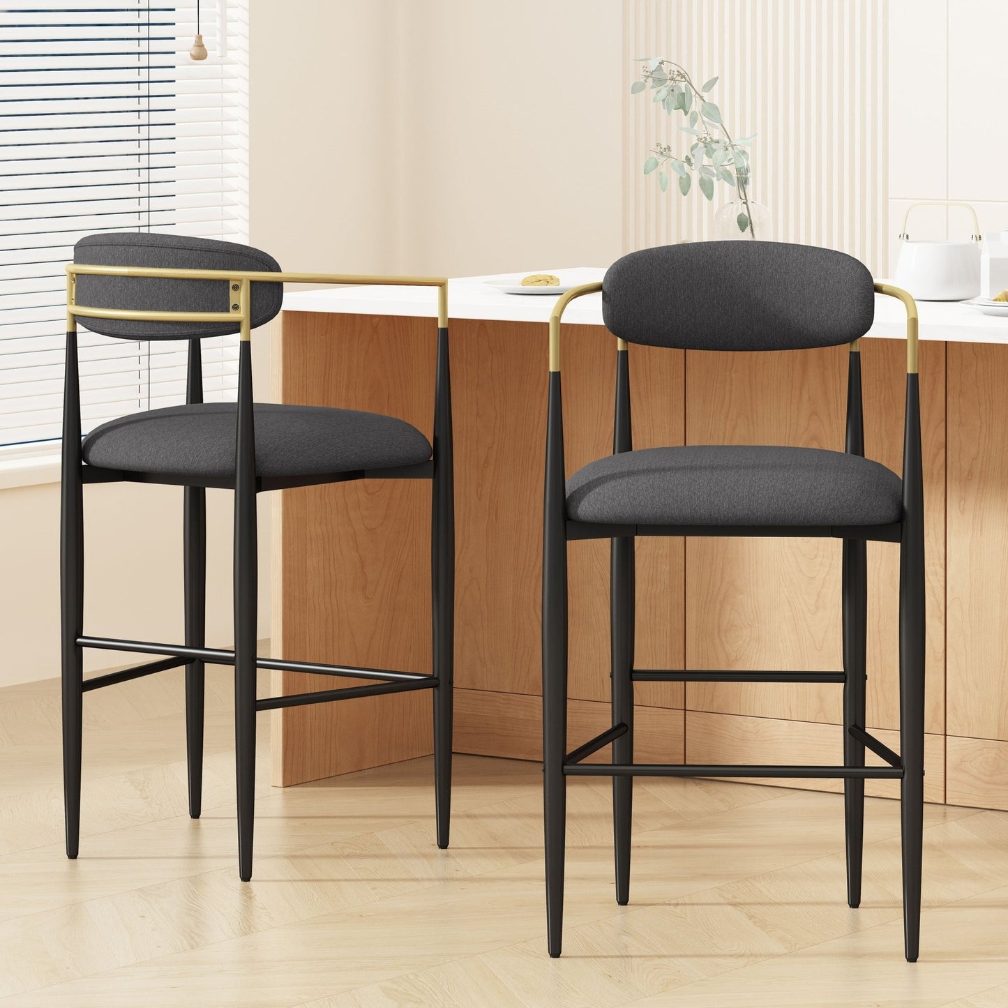 Barstools Set of 2, Upholstered Bar Stools with Backs and Iron Legs for Kitchen Island, Gray Fabric Seating 260LBS Weight Capacity - 1st Choice Furniture Direct